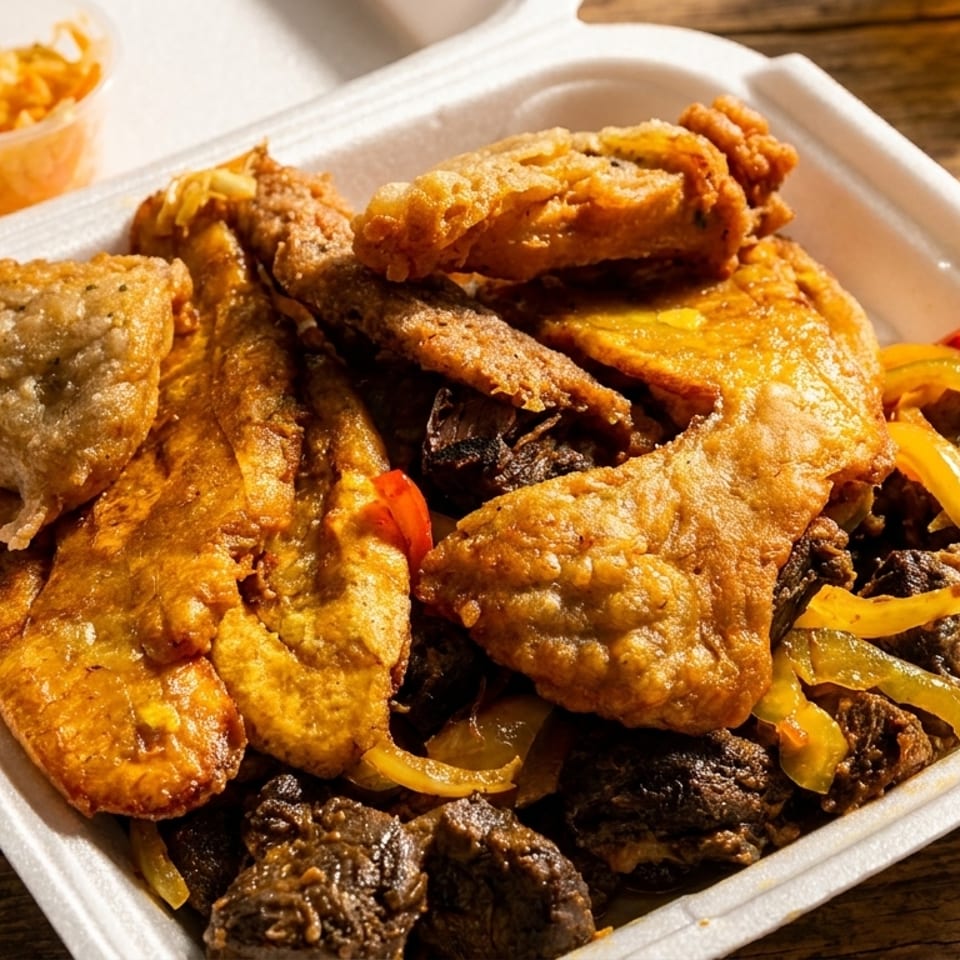 Fried plantains and meat with peppers in a white takeout container on a wooden table.