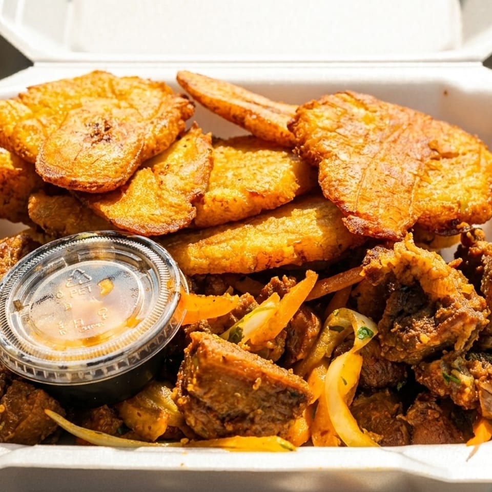 Fried plantains and seasoned meat with onions in a white takeout container, with a side of sauce.