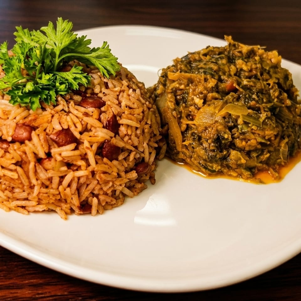 A plate of rice and beans with parsley garnish next to a serving of stewed greens.
