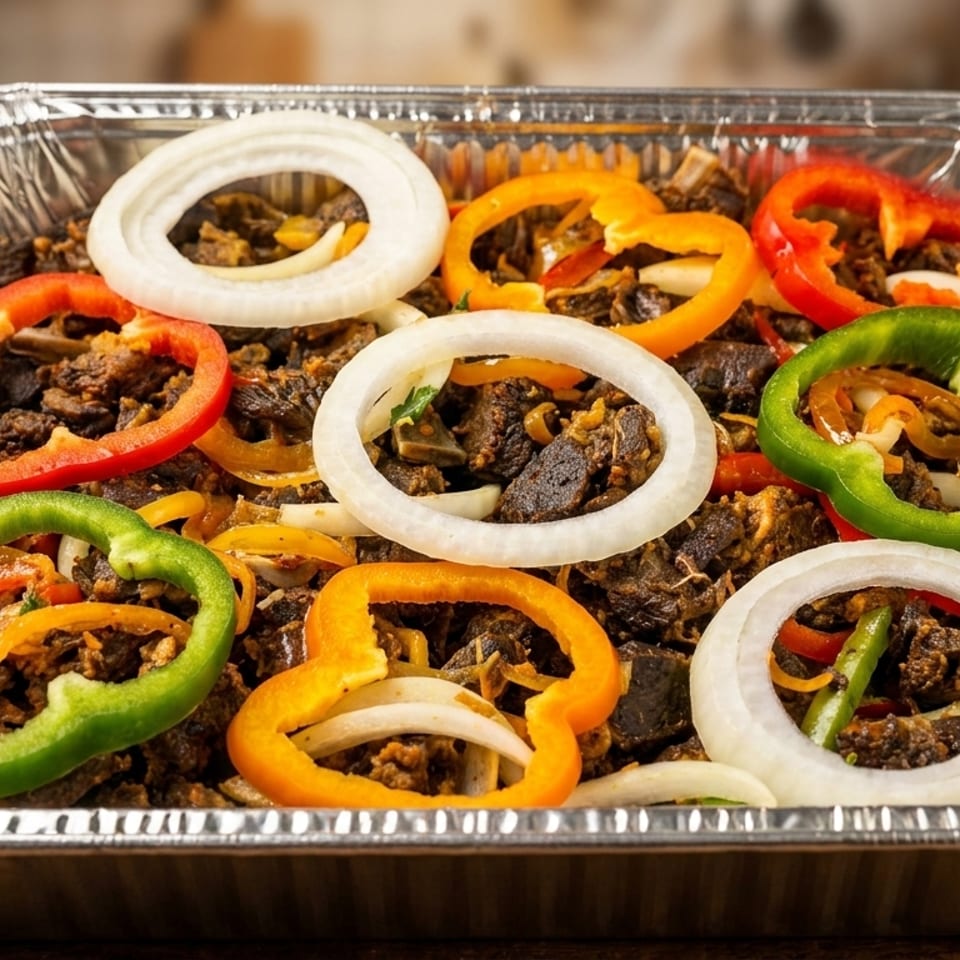 A foil tray filled with dark meat, colorful bell peppers, and white onion rings.