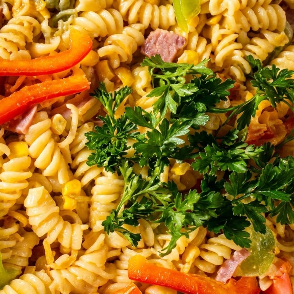 Close-up of pasta salad with rotini, corn, bell peppers, ham, and fresh parsley.