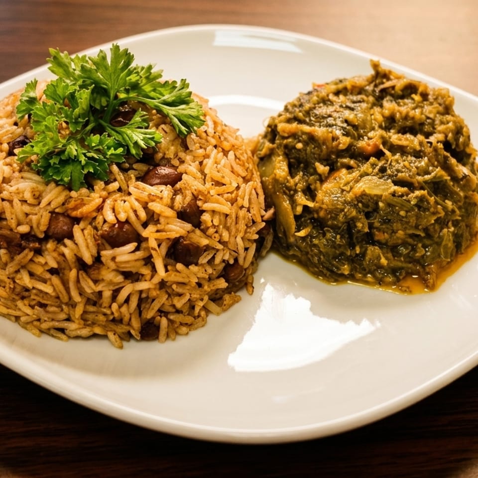 A plate of rice and beans with greens, garnished with parsley, next to silverware.