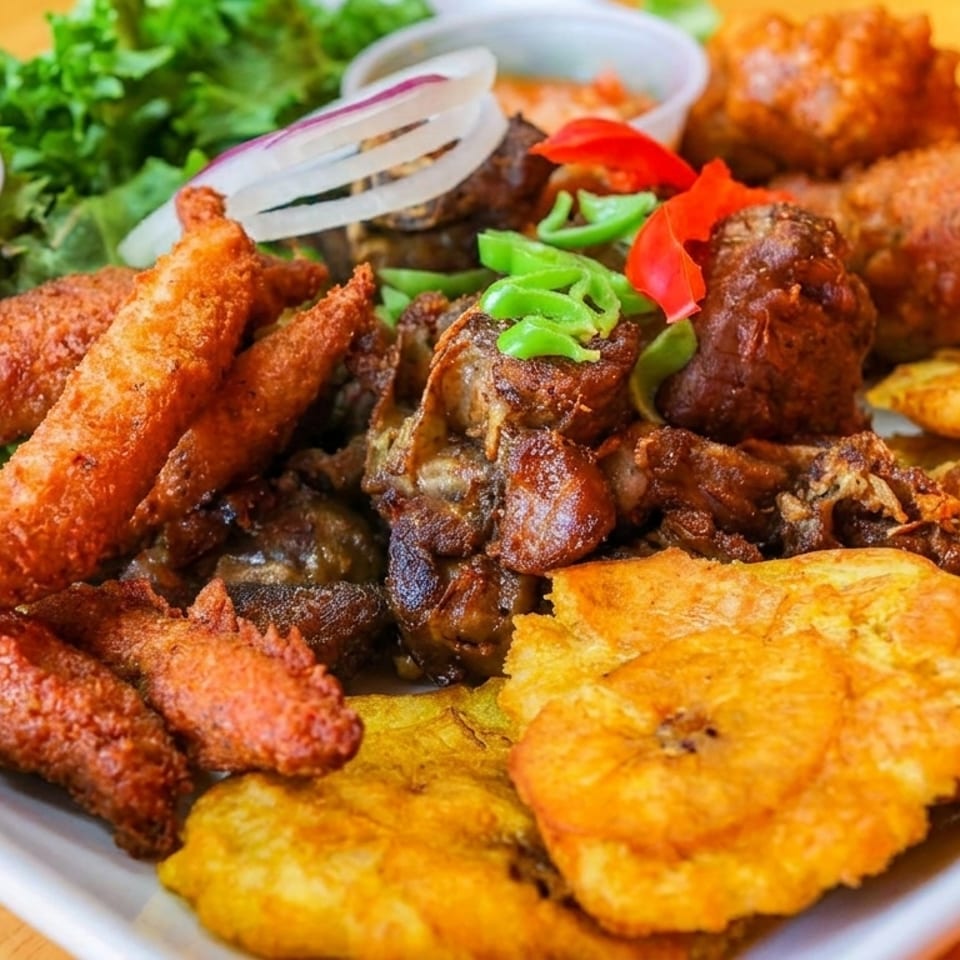 A platter of fried plantains, crispy fried fish, and stewed meat with a side of sauce.